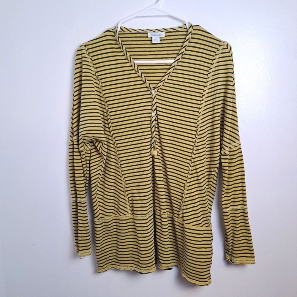 Sundance Yellow Black Striped Exposed Seam Casual Cotton Henley Shirt Size Small